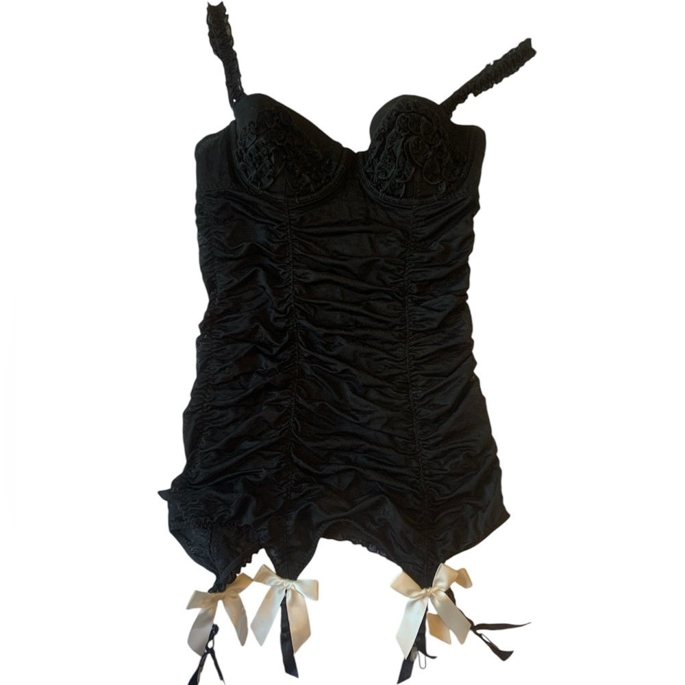 EUC costume strappy ruched black intimate corset bra bodice bow garter straps